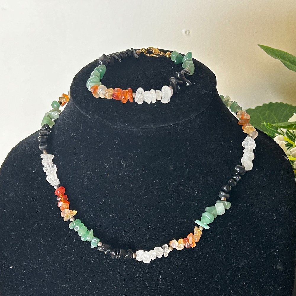 Southwestern Boho Natural Multicolor Gemstone Necklace and Bracelet Jewelry Set